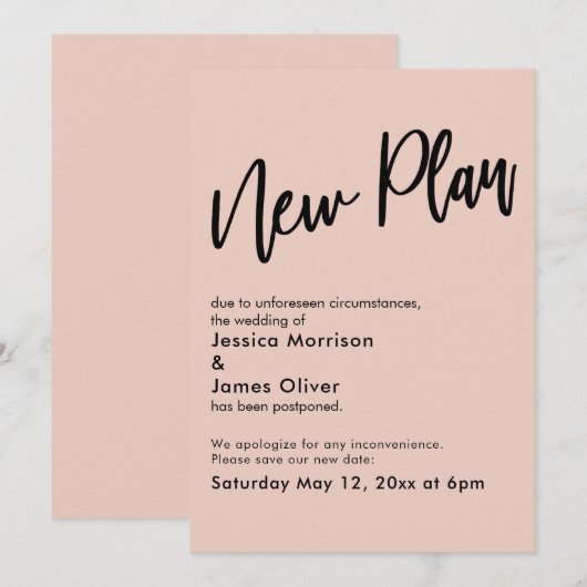 Blush Roze Uitgestelde Bruiloft Nieuw Plan Update Kaart (Voorkant / Achterkant)