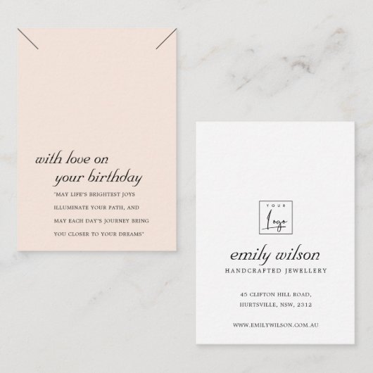 BLUSH ROZE VERJAARDAG CADEAU KETTING DISPLAY KAART PLAATSKAARTJE (Voorkant / Achterkant)