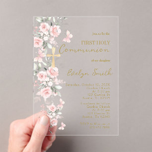 Blush roze vlinder eerste communie meisje acryl uitnodigingen