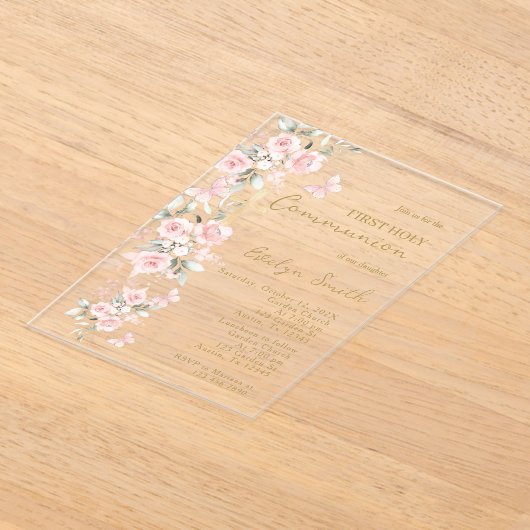 Blush roze vlinder eerste communie meisje acryl uitnodigingen (Laagn)