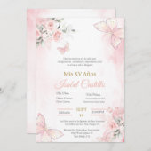 Blush Roze vlinder Quinceanera uitnodiging (Voorkant / Achterkant)