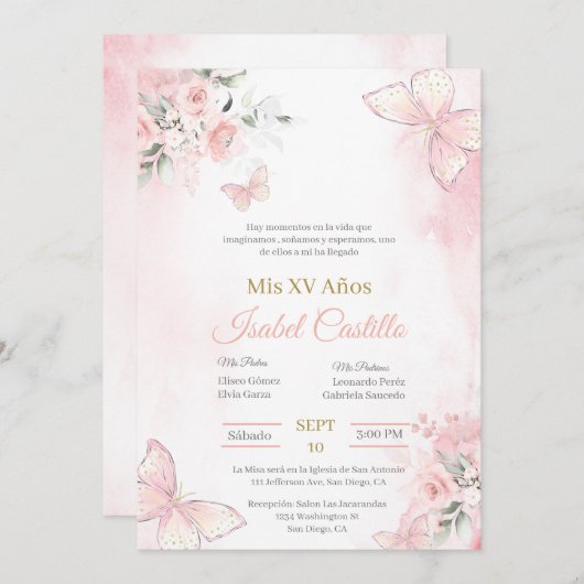 Blush Roze vlinder Quinceanera uitnodiging (Voorkant / Achterkant)