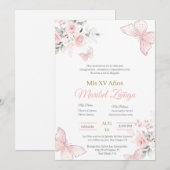 Blush Roze vlinder Quinceanera uitnodiging (Voorkant / Achterkant)