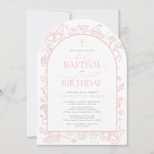 Blush roze vlinders heilige doop & 1e verjaardag kaart (Voorkant)