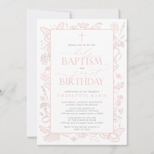 Blush roze vlinders heilige doop & 1e verjaardag kaart (Voorkant)