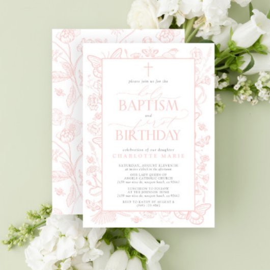 Blush roze vlinders heilige doop & 1e verjaardag kaart