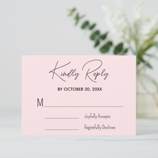 Blush Roze Vrijgezellenfeest Wedding RSVP Kaart (Staand voorkant)