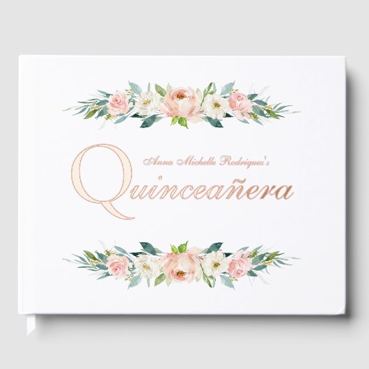 Blush roze vrouwelijke bloemen quinceañera gastenboek (Voorkant)