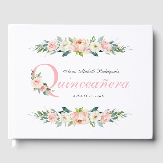 Blush Roze Vrouwelijke Bloemen Quinceanera Gastenboek (Voorkant)