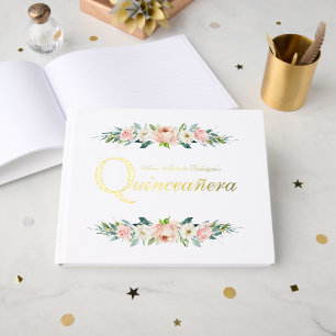 Blush roze vrouwelijke bloemen quinceañera gastenboek