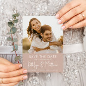 Blush roze vun script moderne foto-bruiloft opslaa aankondigingskaart