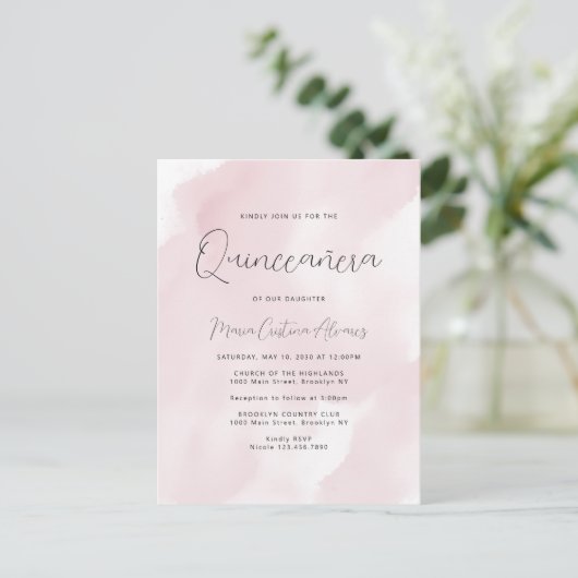 Blush roze Waterverf 15th Birthday Quinceañera in Briefkaart (Staand voorkant)