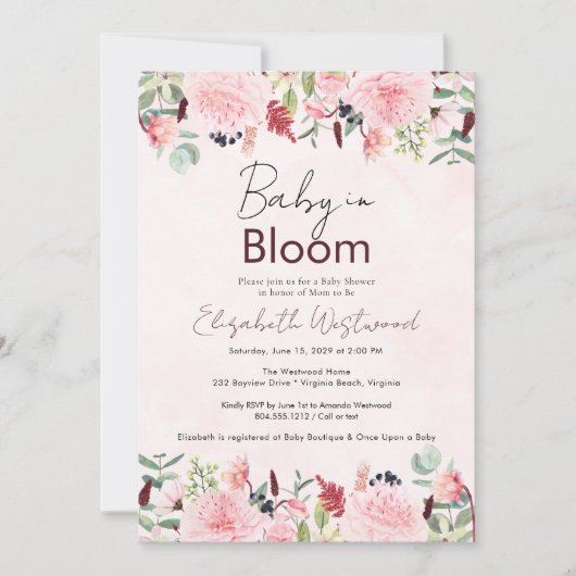 Blush Roze Waterverf Baby in Bloom Baby shower Kaart (Voorkant)