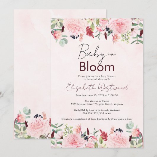 Blush Roze Waterverf Baby in Bloom Baby shower Kaart (Voorkant / Achterkant)