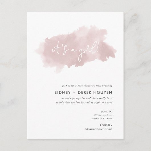 Blush Roze Waterverf Baby shower door Mail Uitnodi Feestdagenkaart (Voorkant)
