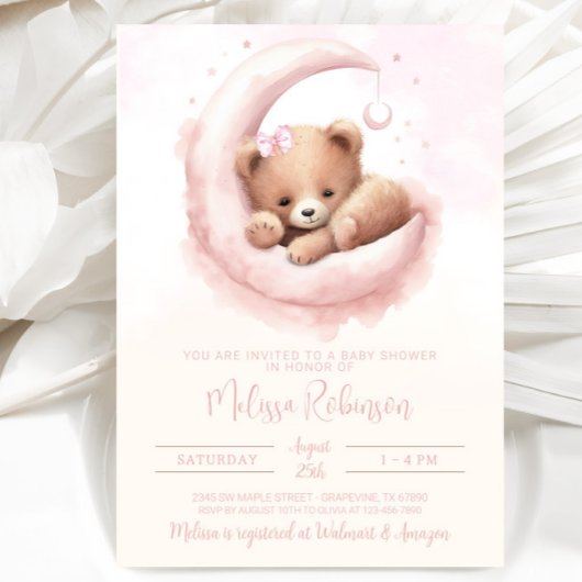 Blush Roze Waterverf Beer Meisje Baby shower Kaart