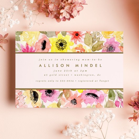 Blush Roze Waterverf Bloem  Vloer Baby shower Kaart