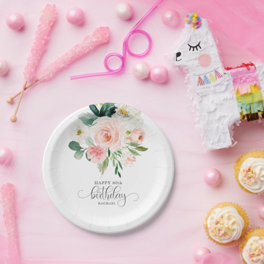 Blush Roze Waterverf Bloemen 80ste Verjaardag Papieren Bordje (Feest)