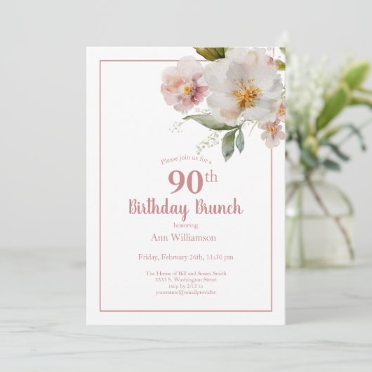 Blush Roze Waterverf Bloemen 90ste Verjaardagsbrun Kaart (Staand voorkant)