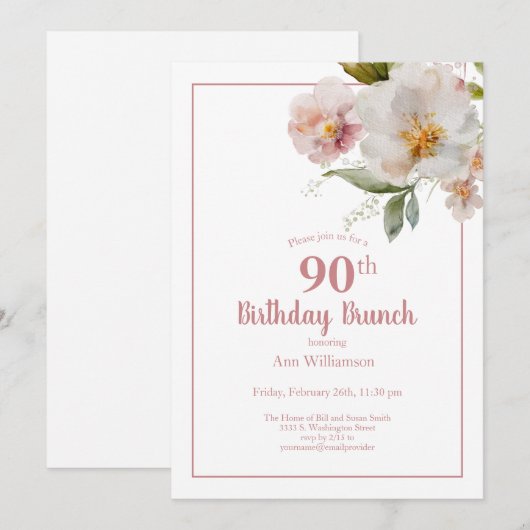 Blush Roze Waterverf Bloemen 90ste Verjaardagsbrun Kaart (Voorkant / Achterkant)