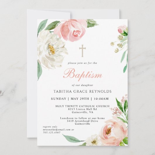 Blush Roze Waterverf Bloemen Baby Doop Kaart (Voorkant)