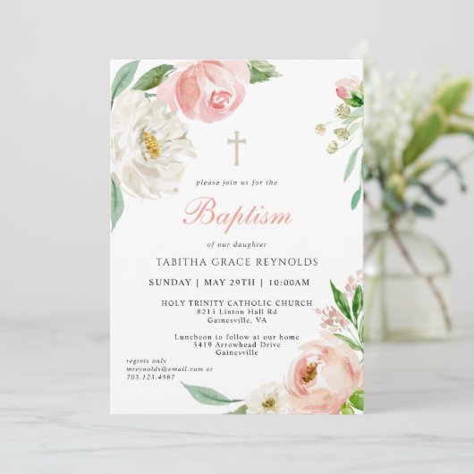 Blush Roze Waterverf Bloemen Baby Doop Kaart (Staand voorkant)