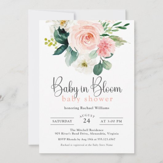 Blush Roze Waterverf Bloemen Baby in Bloom Shower Kaart (Voorkant)