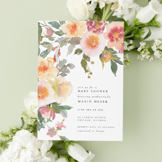 Blush Roze Waterverf Bloemen Baby shower Kaart