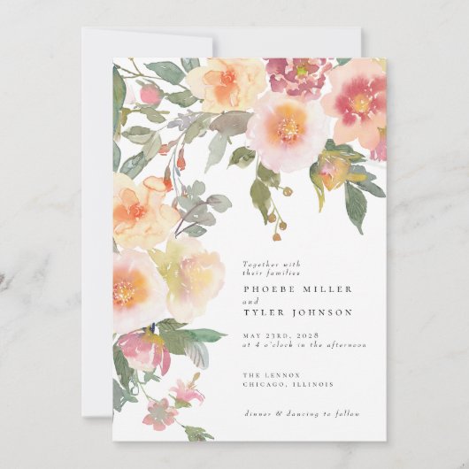 Blush Roze Waterverf Bloemen Blooms Bruiloft Kaart (Voorkant)