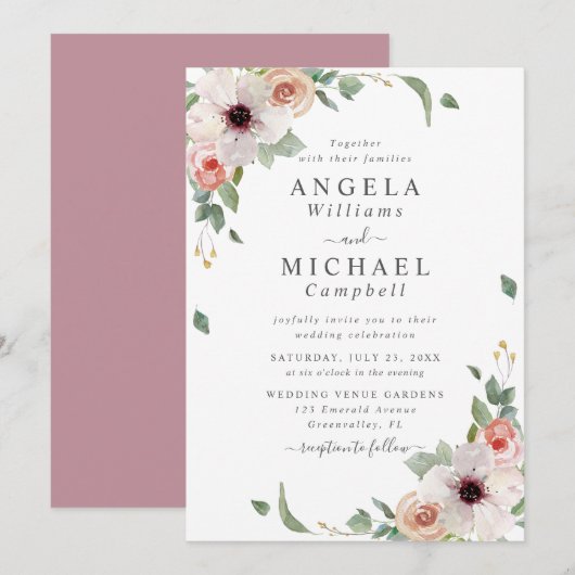 Blush roze Waterverf bloemen botanische bruiloft Kaart (Voorkant / Achterkant)