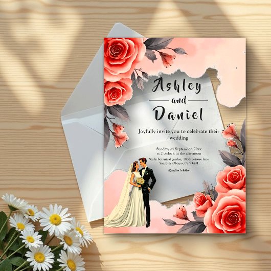 Blush Roze Waterverf Bloemen Bruid & Bruidegom Huw Acryl Uitnodigingen