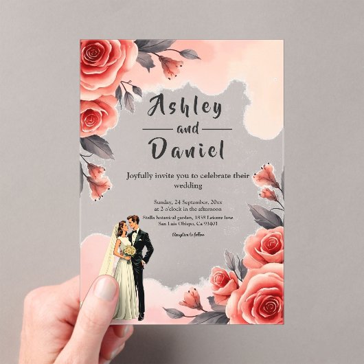 Blush Roze Waterverf Bloemen Bruid & Bruidegom Huw Acryl Uitnodigingen (Insitu (Draagbaar))