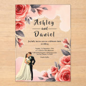 Blush Roze Waterverf Bloemen Bruid & Bruidegom Huw Acryl Uitnodigingen (Voorkant)