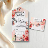 Blush Roze Waterverf Bloemen Bruid & Bruidegom Huw All In One Uitnodiging