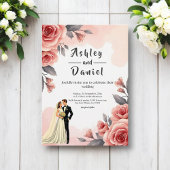 Blush Roze Waterverf Bloemen Bruid & Bruidegom Huw Kaart