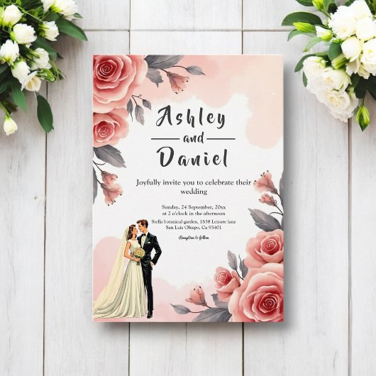 Blush Roze Waterverf Bloemen Bruid & Bruidegom Huw Kaart