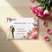 Blush Roze Waterverf Bloemen Bruid & Bruidegom Huw RSVP Kaartje