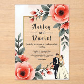 Blush Roze Waterverf Bloemen Bruid Bruidegom Huwel Acryl Uitnodigingen (Voorkant)