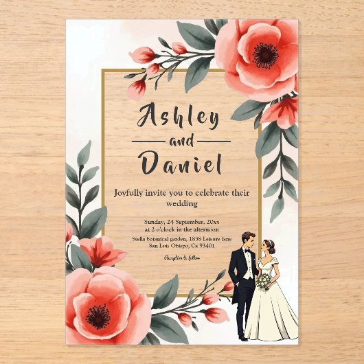 Blush Roze Waterverf Bloemen Bruid Bruidegom Huwel Acryl Uitnodigingen (Voorkant)