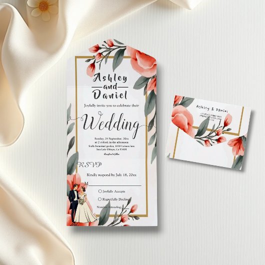 Blush Roze Waterverf Bloemen Bruid Bruidegom Huwel All In One Uitnodiging