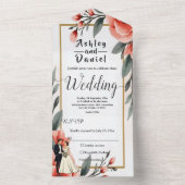 Blush Roze Waterverf Bloemen Bruid Bruidegom Huwel All In One Uitnodiging (Binnen)