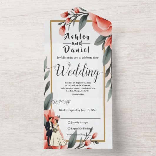 Blush Roze Waterverf Bloemen Bruid Bruidegom Huwel All In One Uitnodiging (Binnen)