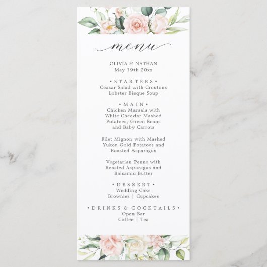 Blush Roze Waterverf Bloemen bruiloft Diner Menu (Voorkant)