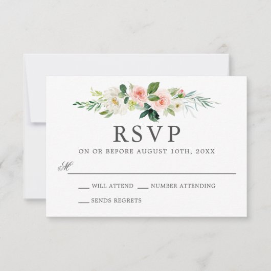 Blush Roze Waterverf Bloemen Bruiloft RSVP Kaart (Voorkant)
