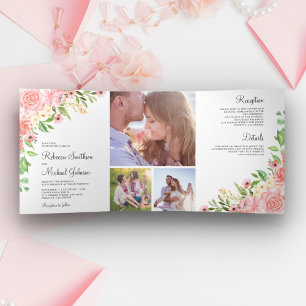 Blush Roze Waterverf Bloemen Foto Collage Bruiloft Drieluik Uitnodiging