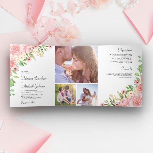 Blush Roze Waterverf Bloemen Foto Collage Bruiloft Drieluik Uitnodiging