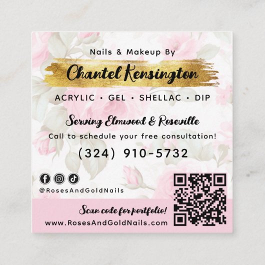 Blush Roze Waterverf Bloemen Goud Shabby QR Code Vierkante Visitekaartje (Achterkant)