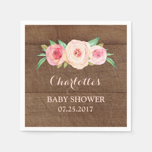 Blush Roze Waterverf Bloemen Hout Baby shower Servetten (Voorkant)