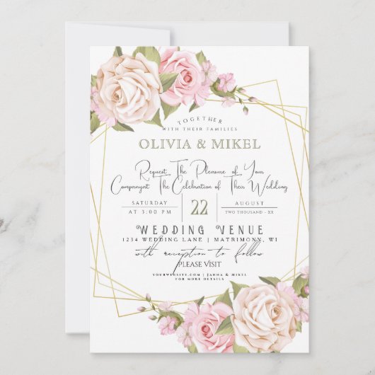 BLUSH ROZE WATERVERF BLOEMEN & LIJST GOUDEN BRUILO KAART (Voorkant)