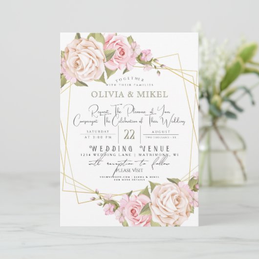 BLUSH ROZE WATERVERF BLOEMEN & LIJST GOUDEN BRUILO KAART (Staand voorkant)